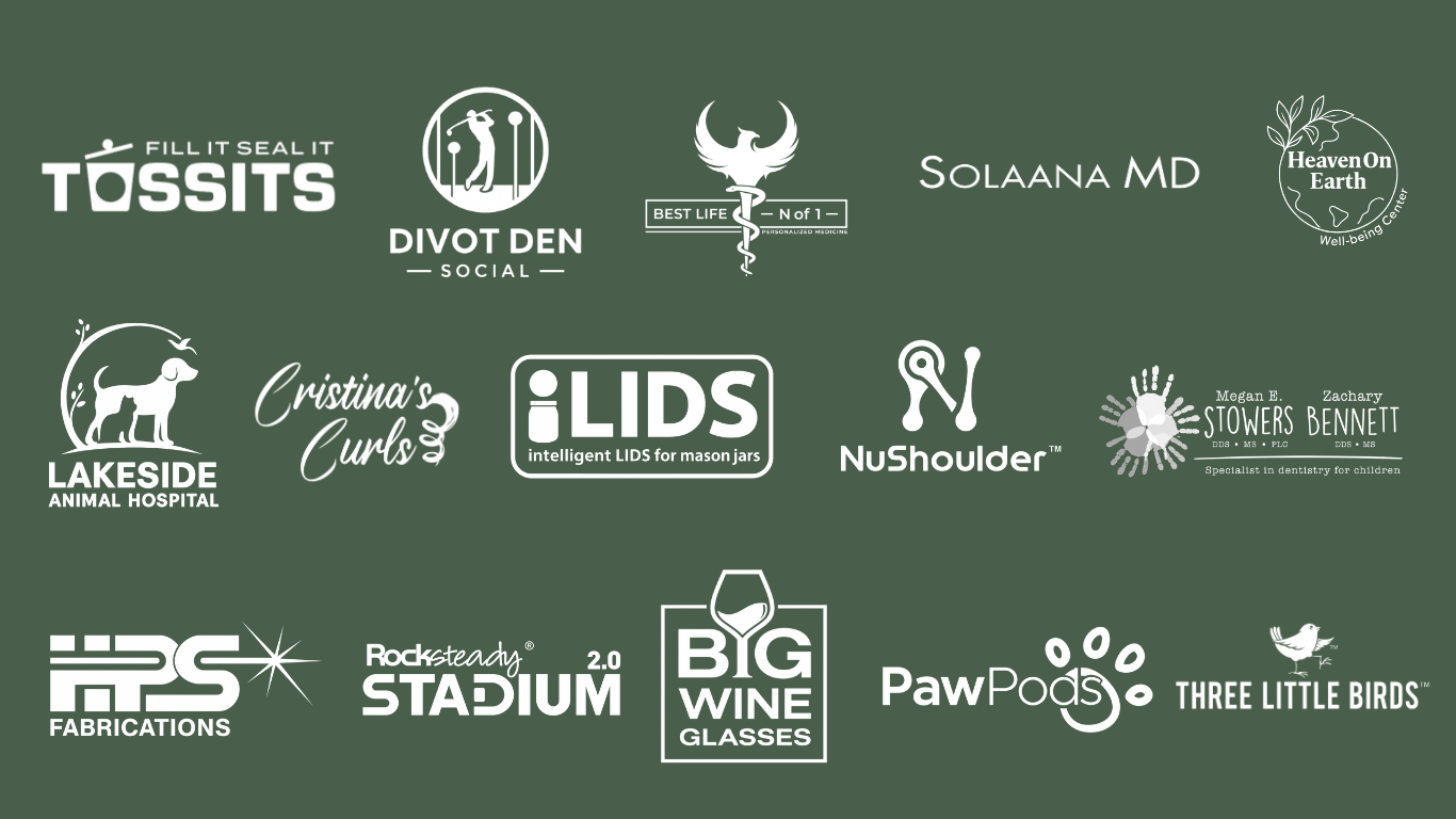 Logos of brands North Track Digital has helped grow, including Tossits, Divot Den Social, iLids, NuShoulder, PawPods, and more